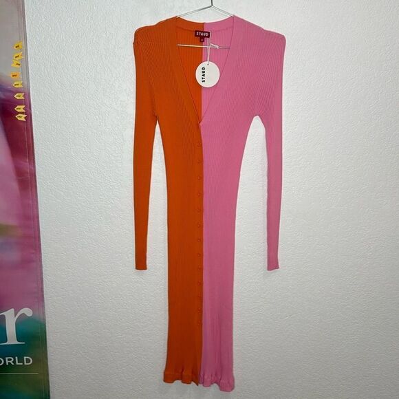 NWT STAUD Shoko Sweater Dress Cardigan Colorblock Pink Orange XS - Picture 2 of 12